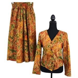 Vintage 80s 90s Orange Green Pleated Midi Skirt SET Button Up Top 8 Microsuede